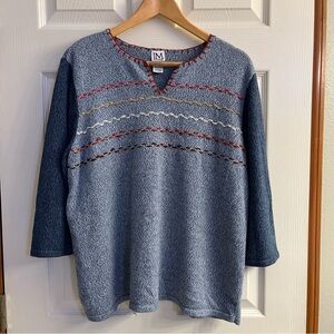 JM Collection Blue V-Neck Sweater with Multicolor Accents 3/4 sleeves Boho